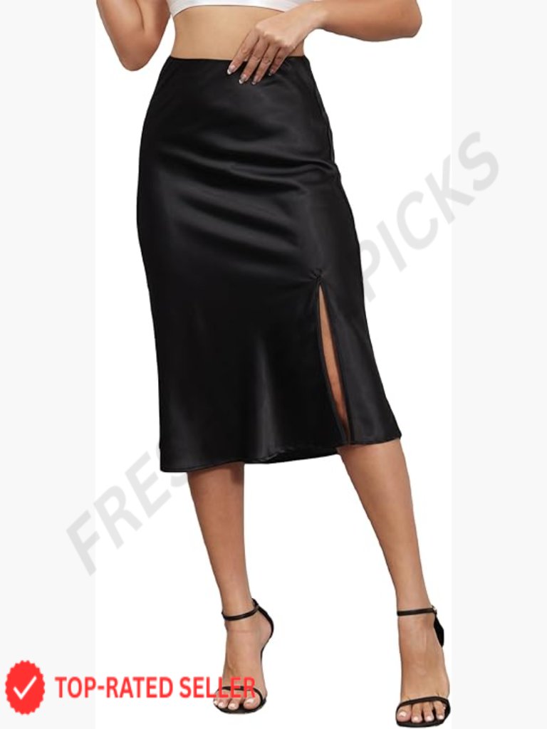 High Waist Satin Midi Skirt Elegant Slit A-Line Silky Chic Party Wear